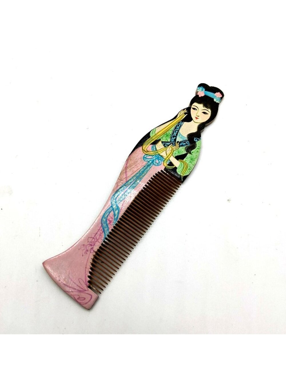 Vintage Wooden Hand Painted Japanese Geisha Girl Comb Collectible